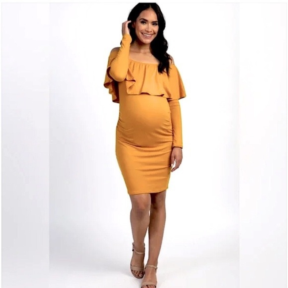 Pink Blush Maternity Golden Yellow‎ Ruffle Off Shoulder Long Sleeve Dress Sz S